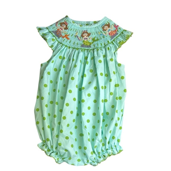 Be Mine Smocked Green Polka Dot Mermaid Baby Romper size 3 months - Picture 1 of 7